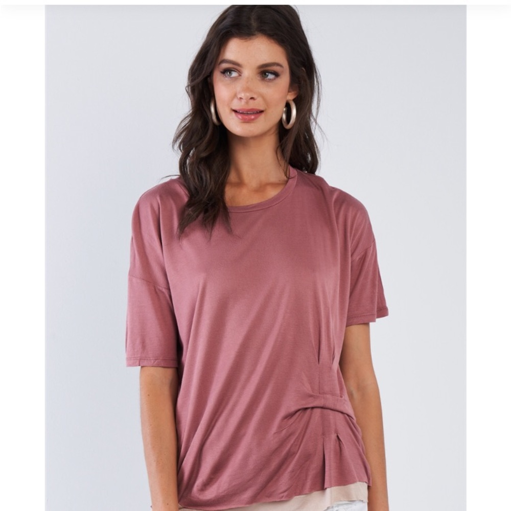 Mustard Seed LA Mauve Pink Rayon Cinched Waist Elevated Basics Layered Tee Shirt